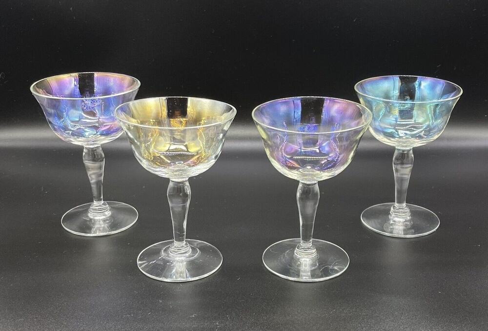 Vintage Optic Rainbow Iridescent Luster Set of 4 Stemmed Glasses